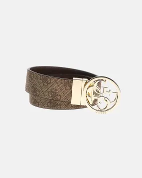 Brown Reversible Leather Belt with Beige Faux Leather, Monogram Pattern, Round Metal Logo Buckle